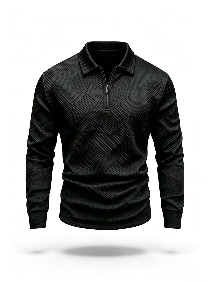 Autumn New Men'S Half-Zipper Long Sleeve POLO Shirt, Black Geometric Texture Pattern Light Business Casual Base Layer Top - Black