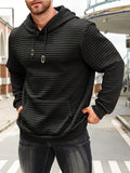 Men's Spring, Autumn, Winter Casual Sporty Kangaroo Pocket Hooded Pullover Sweatshirt, Waffle Knit, Comfortable, Breathable, Versatile Long-Sleeve Top - Black