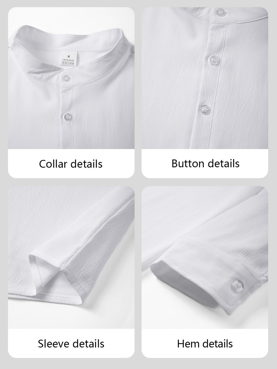 2pcs Men'S V-Neck Shirt And Henley T-Shirt Set, Solid Color Cool Texture Casual Top, Stand Collar Half-Button Long Sleeve Shirt, 100% Polyester, Lightweight And Breathable, Suitable for Spring And Summer, Outdoor Activities, Beach Vacation, Etc - Navy Blue + Large White