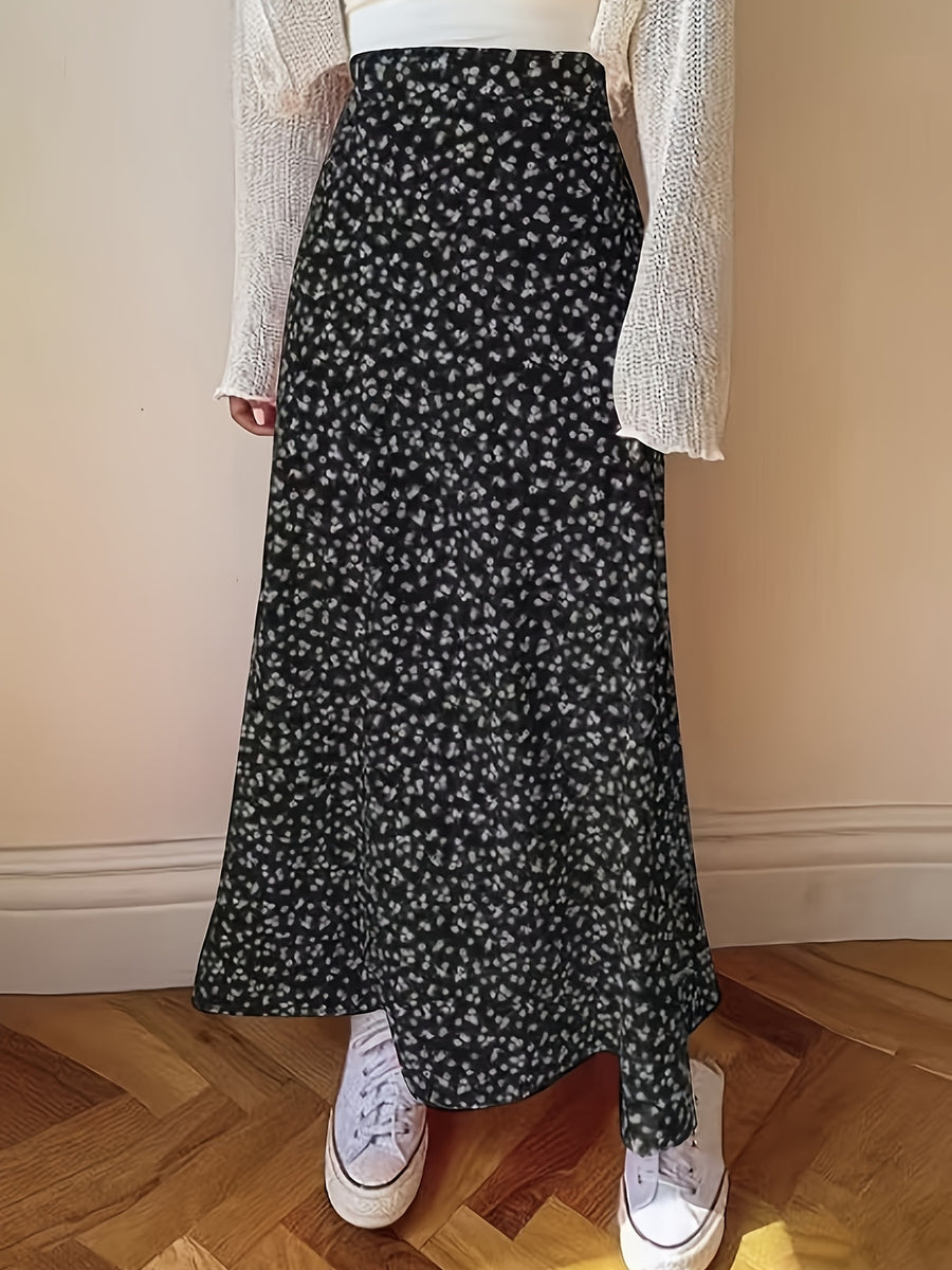 Retro Black Background Small Floral Print Midi Skirt, Summer High Waist A-Line Large Swing Mid-Length Umbrella Skirt - Black