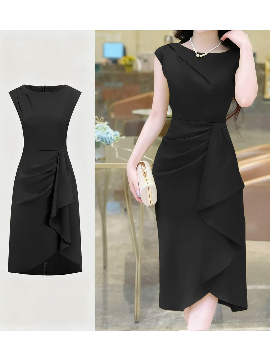 Spring-Summer Pleated Asymmetrical Elegant Design Women's Dress Gown - Black