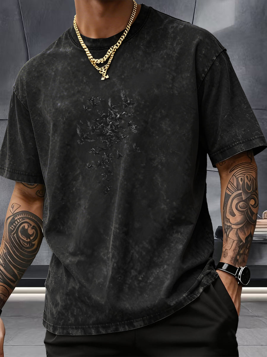 Short Sleeve Top, Pure Washed Distressed Loose Short Sleeve, Raven Flying Bird Front And Back Trendy Print Casual Match, American Street High Street Hip-Hop Couple Style, Daily Outing Commute Sports Fitness Street Style Y2K National Trend T-Shirt - Black