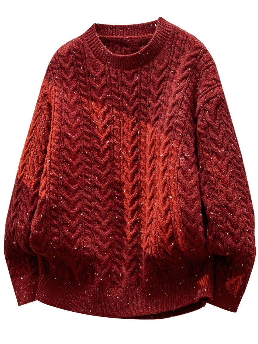 Men'S American Retro Heavyweight Cable Knit Sweater, Men'S Thick Casual Round Neck Pullover, Autumn Winter Loose Oversized Inner Outerwear Top - SINBOS - Red