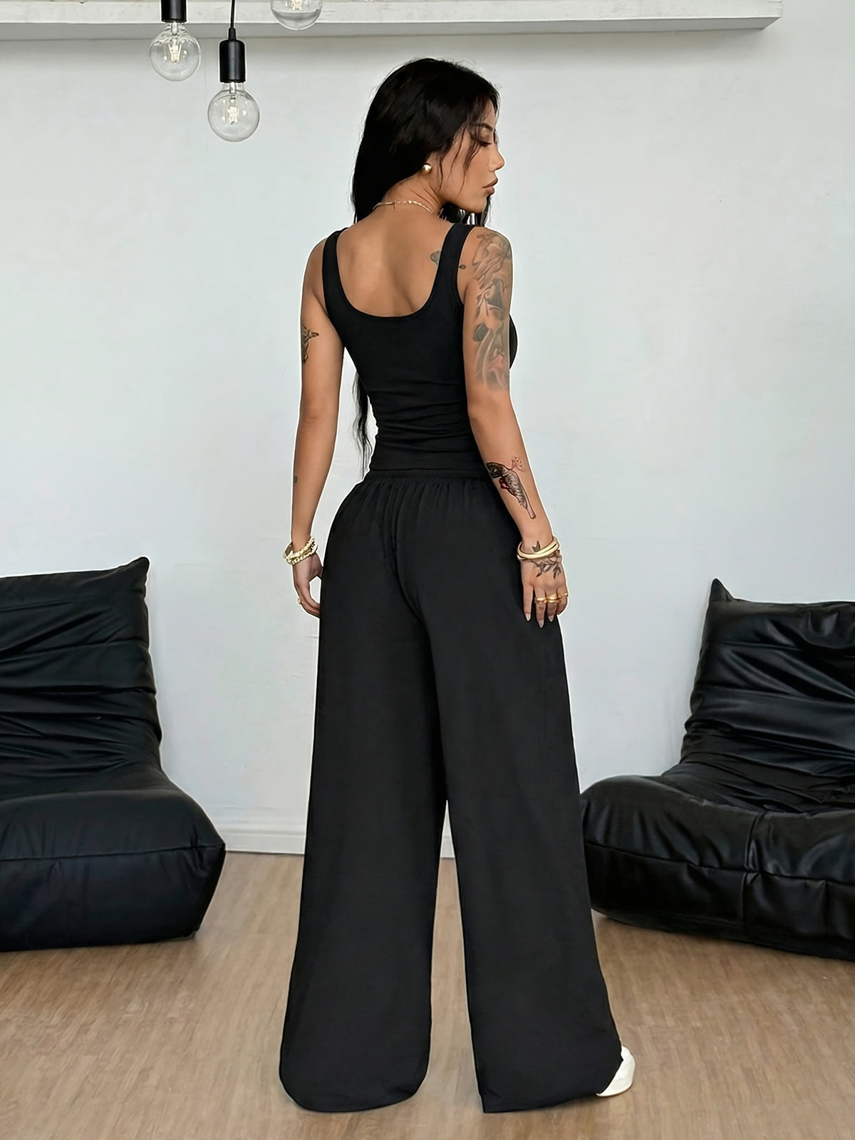 National Trend Oriental Dragon Pattern Sun And Pattern Printing, Women'S Two-Piece Set, Women'S Navel-Baring Top Vest + Elastic Waist Drawstring Casual Sports Wide-Leg Long Pants Women'S Clothing Two-Piece Set - Black+black
