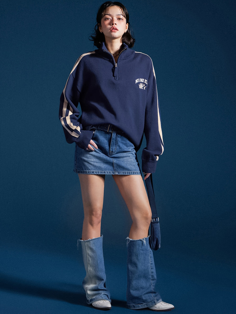 NO ONE ELSE Letter Embroidery Sweater Unisex 2026 Spring Autumn New Color-Block Pullover Top - Blue