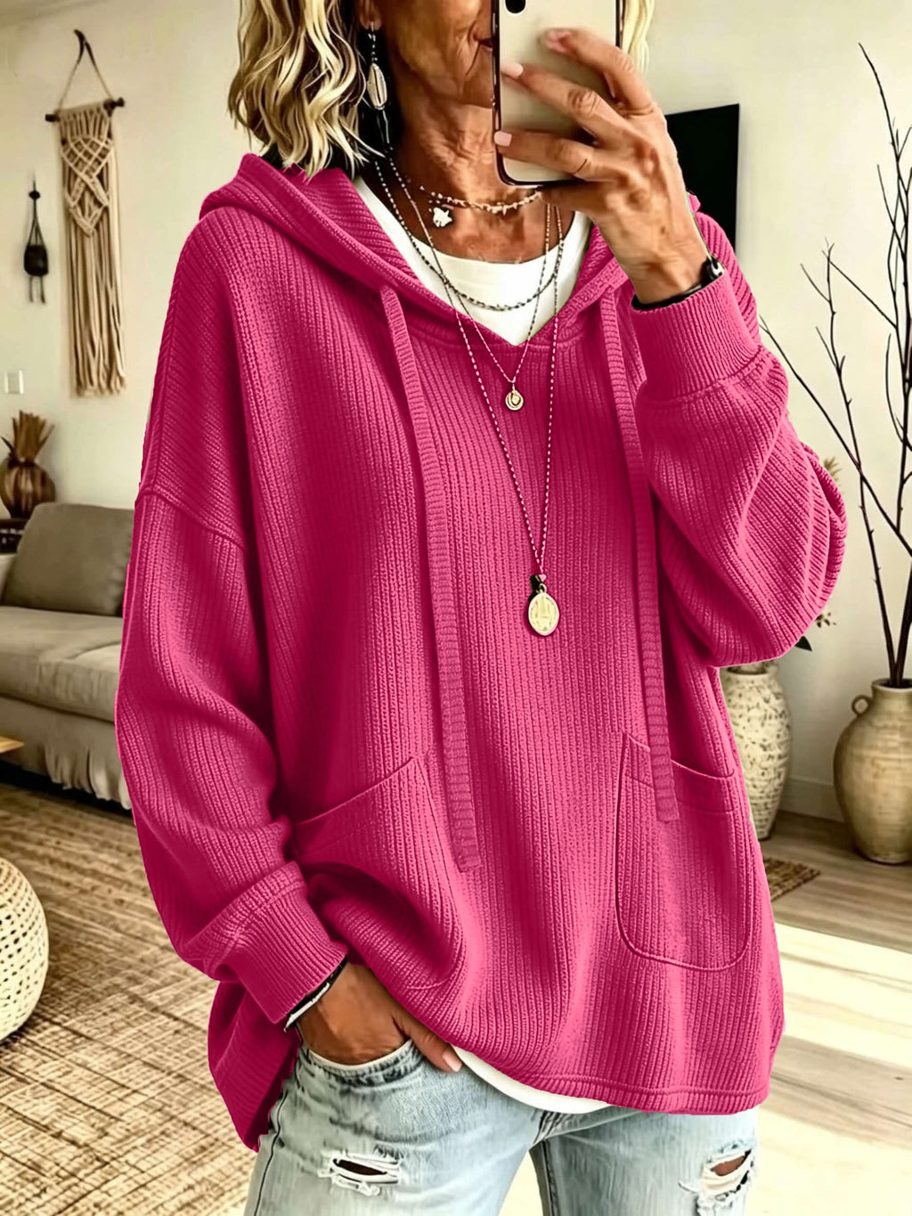 Plus Size - Western New Autumn Winter Solid Color Lapel Long Sleeve Pocket Drawstring Hooded Sweatshirt - Rose Red