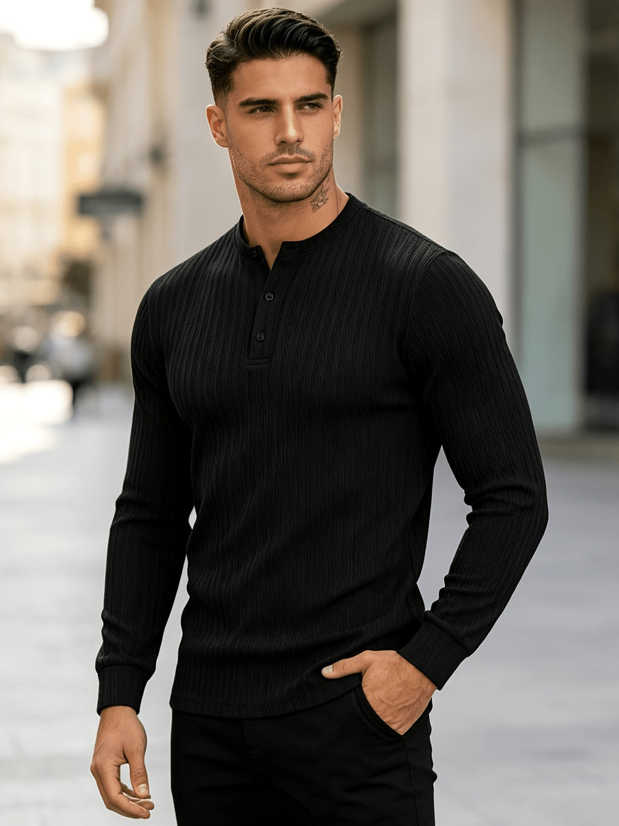 American-style Heavyweight Men's Knit Vintage Stretch Textured Pattern Casual Loose Fit Versatile Commuter Long-Sleeve Henley Shirt - Black