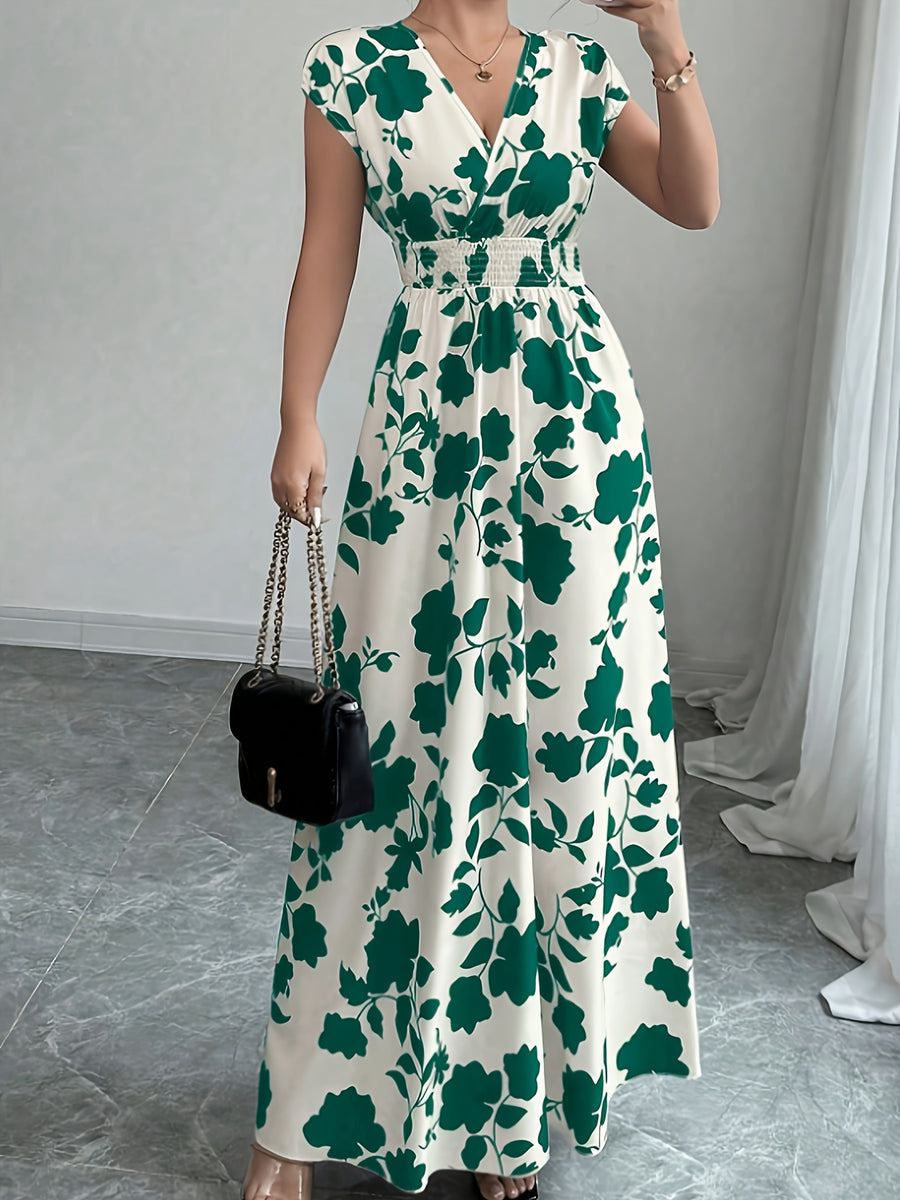 Elegant Pink Floral Maxi Dress with V-Neck and Short Sleeves - Flowing A-Line Silhouette, Cinched Waist, Perfect for Spring/Fall, Casual to Formal Wear, Casual Elegant Wear | Floral Print Dress | Cinched Waist Design - Green