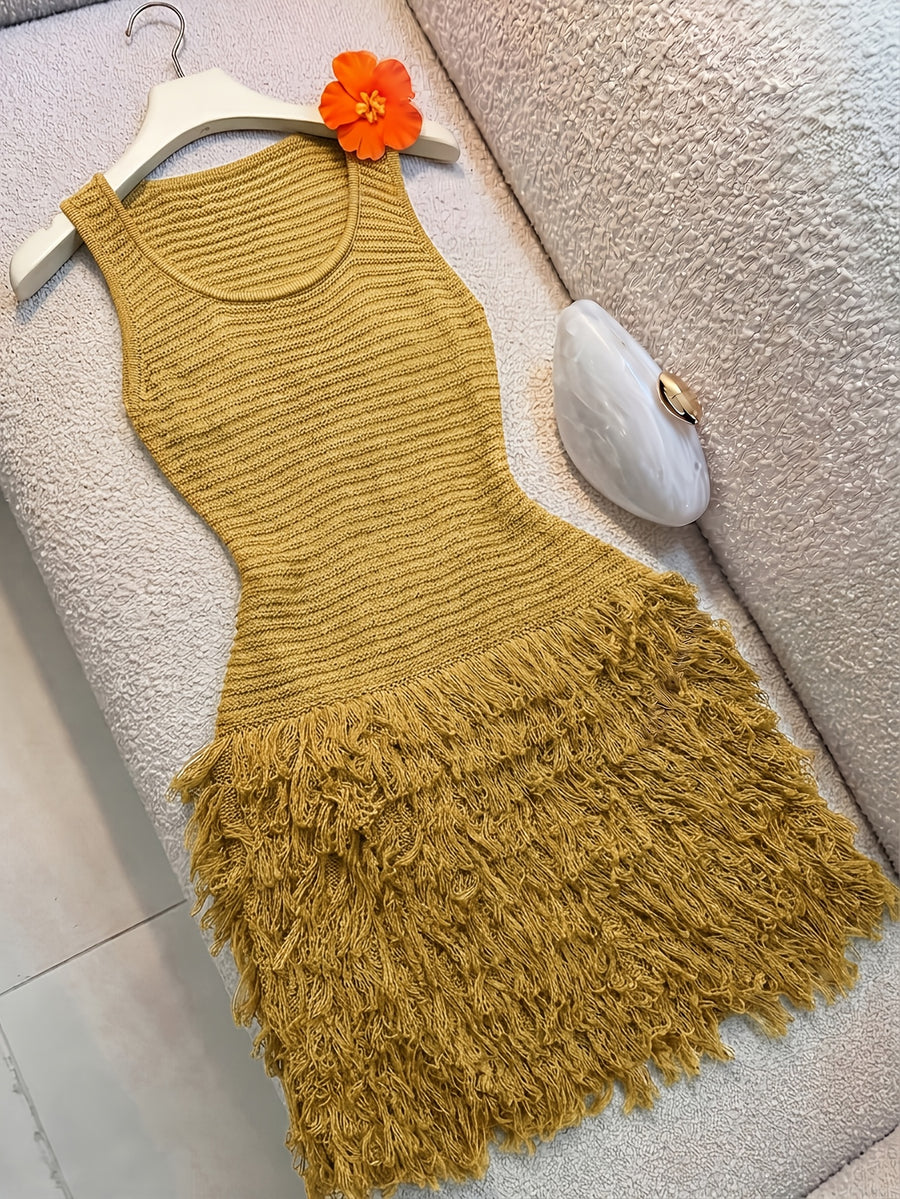 Beach Vacation Style, Handcrafted Tassel Design, And Slender High-End Elegant Vest Dress, High-End And Dignified, Versatile And Fashionable - Yellow