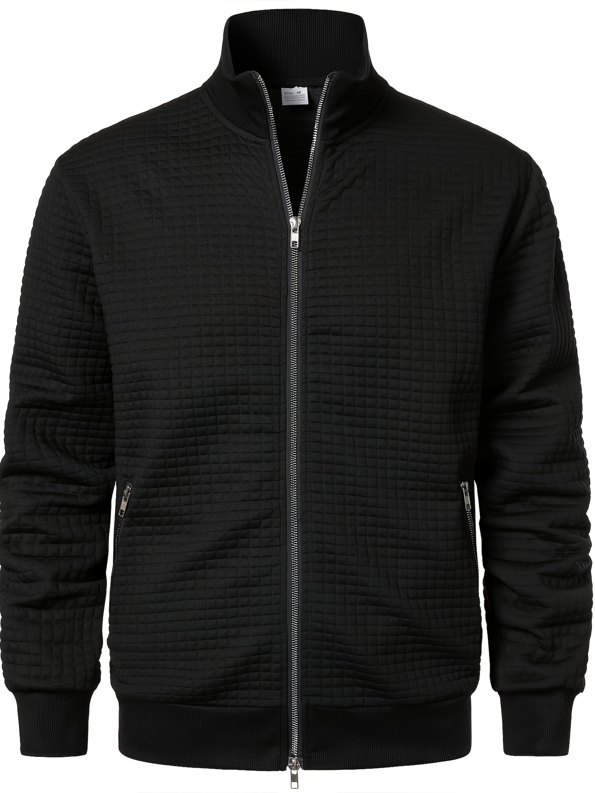 Spring/Autumn New Men's Solid Color Lapel Waffle Knit Long Sleeve Zipper Jacket, Comfortable and Breathable Outdoor Sports Men's Outerwear, Practical Jacket - Black