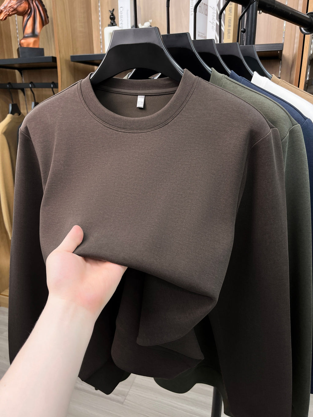 Spring And Autumn High Quality Round Neck Long Sleeve Base Layer Versatile Casual Solid Color Men'S Sweater, Home Casual Inner Wear Skin-Friendly Warm Multi-Color Available Men'S Top, Durable Comfortable Pullover LS3351 - Dark Brown