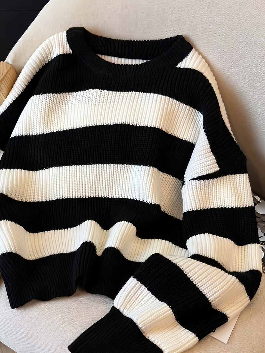 Women'S Spring Autumn Sweater, Color-Block Striped Contrast Round Neck Long Sleeve Top, Loose Casual All-Match Daily Wear - Black