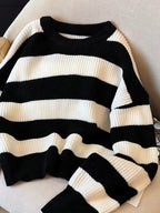 Women'S Spring Autumn Sweater, Color-Block Striped Contrast Round Neck Long Sleeve Top, Loose Casual All-Match Daily Wear - Black
