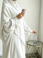 A Khimar + Abaya Prayer Jilbab Suit, a Fashionable and Elegant Vacation Set Featuring a Pure-color, Simple Single-layer Headscarf and a Light, Breathable, Comfortable Horn-sleeve Loose Dress. This Women's Abaya Combination Set Is Ideal for Muslim - White