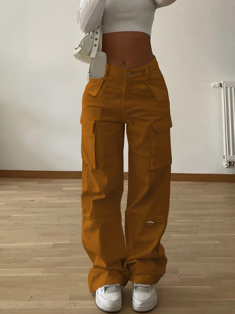 Designer Cargo Pants with Flap Pockets, Women's Elegant Casual Solid-color Trousers, Women's Pants - Brown