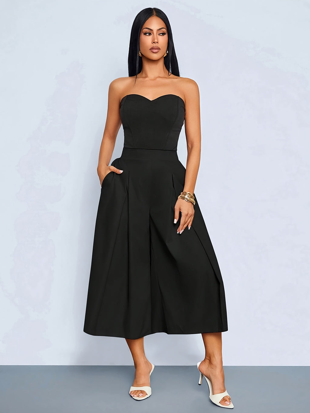 Women's High-Waist Culottes with Pockets, Pleated Wide-Leg Shorts, Casual Fashion Summer Work Pants, Serene Luxury Culottes with Pockets, High-Waist Pleated Wide-Leg Shorts - Black
