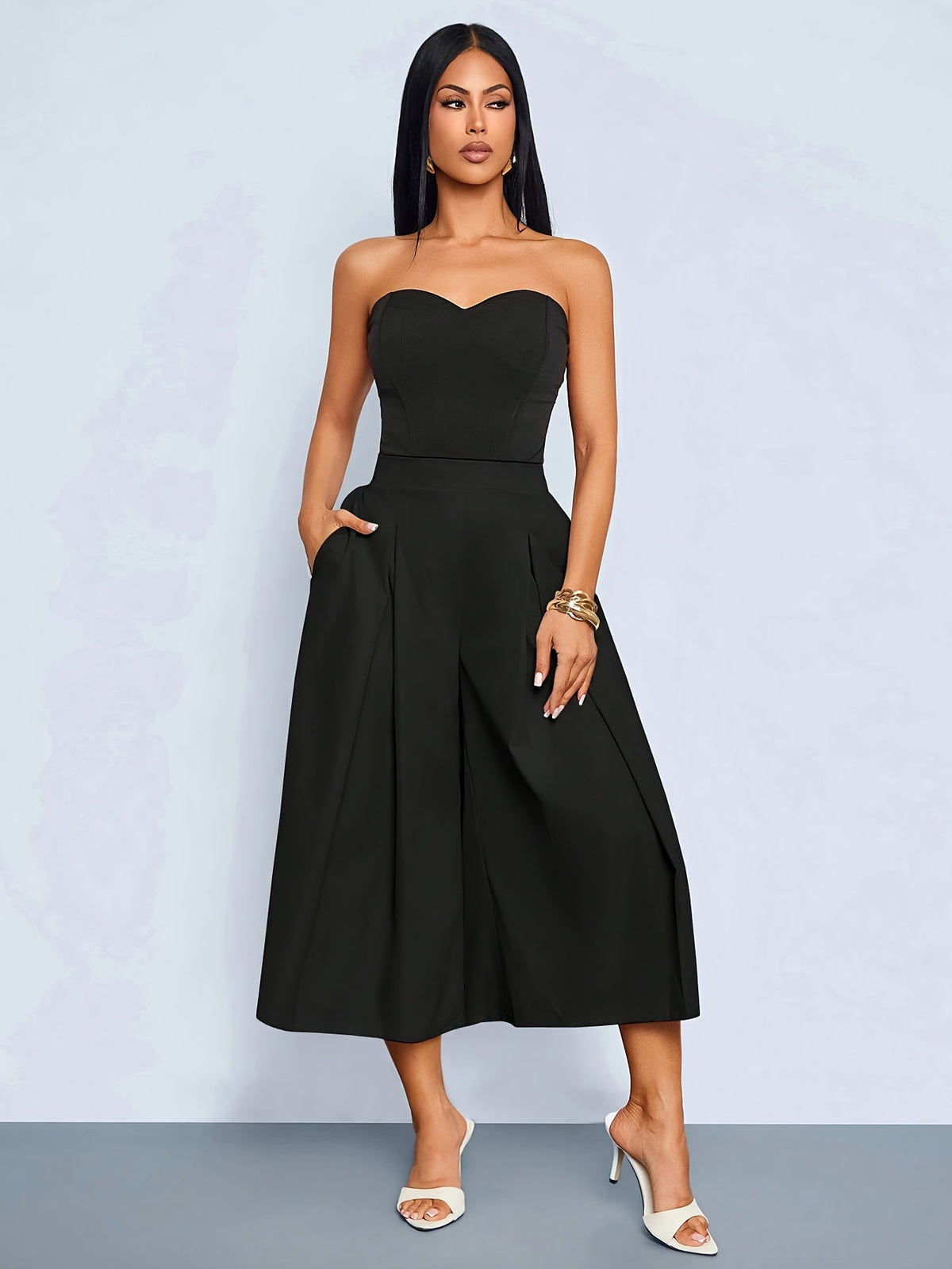 Women's High-Waist Culottes with Pockets, Pleated Wide-Leg Shorts, Casual Fashion Summer Work Pants, Serene Luxury Culottes with Pockets, High-Waist Pleated Wide-Leg Shorts - Black