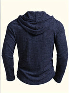 Men's Stretch Color- Ribbed Patchwork Contrast Outdoor Sports Casual Hooded Henley Shirt - Navy Color