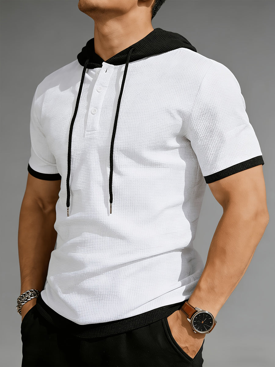 Josh Rose Summer Men's High-Quality Waffle Hooded Short-Sleeve T-Shirt - Unique Fashionable Patchwork Design with Special Textured Fabric, Adjustable Drawstring with Button, Suitable for Gym Workouts, Sports, Casual Wear, Outdoor Camping - White