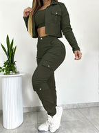 Women's Versatile 2pcs Set Featuring a Slim-fit V-neck Cropped Shirt and American-style Wide-leg Pants with Multiple Pockets, Sold Without an Inner Top - Dark Green