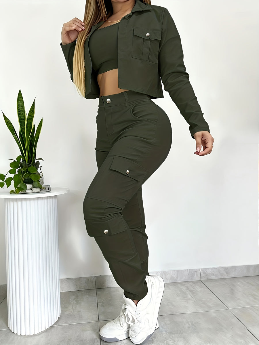 Women's Versatile 2pcs Set Featuring a Slim-fit V-neck Cropped Shirt and American-style Wide-leg Pants with Multiple Pockets, Sold Without an Inner Top - Dark Green