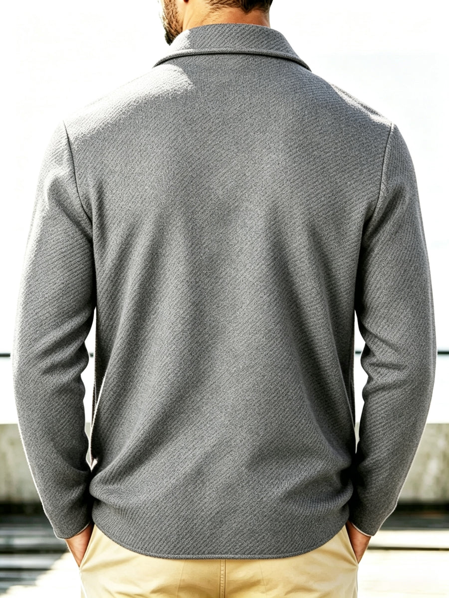 Men's New Spring, Autumn, and Winter Collection: Twill Textured Fabric Single-Breasted Notched Lapel Cardigan with Double Pockets, a Versatile Long-Sleeve Business Casual Outerwear. Soft, Comfortable, and Stylish Knitted Solid-Color Jacket - Grey