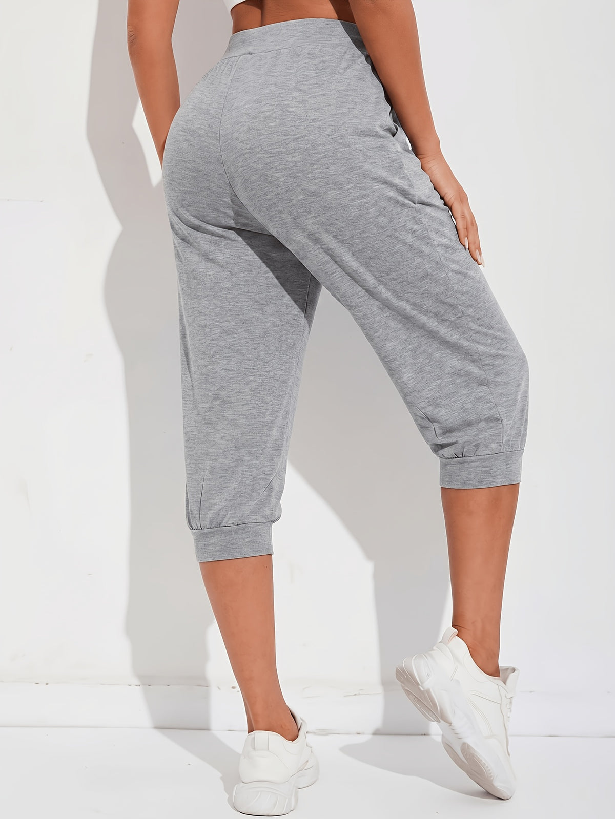 European and American Style High-Waist Cropped Sweatpants for Women, Summer Running Casual Jogger Pants with Pockets, Comfortable and Breathable Versatile Harem Pants for Home Wear - Light Grey