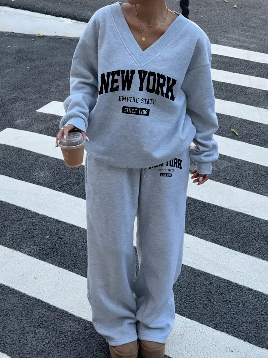 Plus Size Women's Casual V-Neck Sweatshirt and Sweatpants Set, New Fashion Letter Print ii 901 - Grey