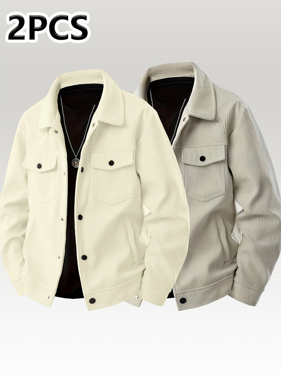[Pearson OBM] Autumn Winter Men'S Corduroy Solid Color Casual Fashion Multi-Pocket Button-Up Jacket 2pcs Set - Beige+Khaki