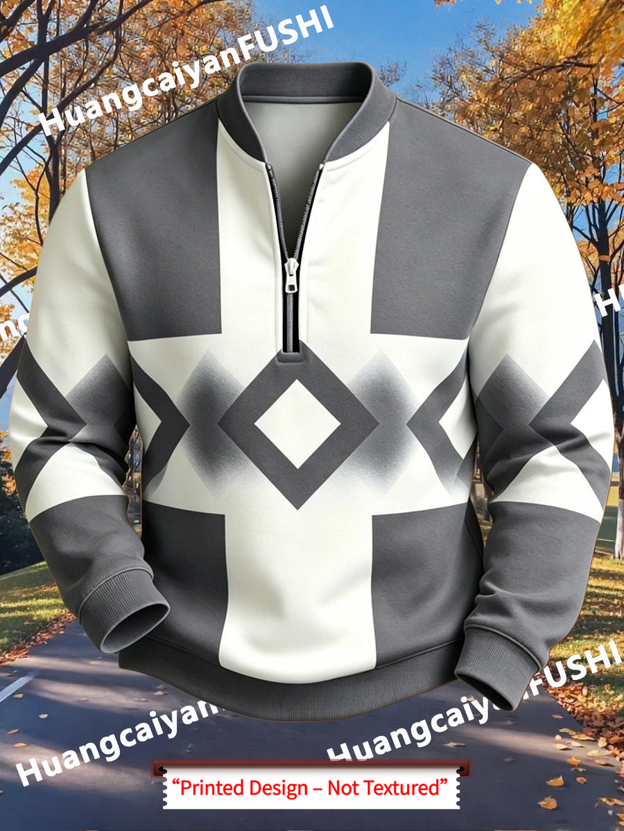 Men'S Autumn Winter Polo Zipper Sweatshirt, Men'S Trendy New Half-Zip POLO Sweatshirt, American Retro Geometric Color-Block Print, High Quality And Durable, Machine Washable, Essential for Daily Casual Gatherings And Outdoors - Mixed Color 1