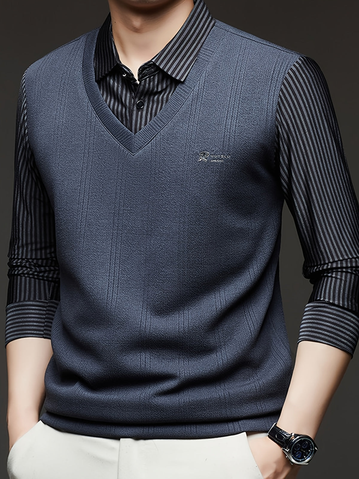 Men'S Shirt Collar Faux Two-Piece Knit Top, Turned-Up Shirt Collar, Classic Business Style, Suitable for Middle-Aged Men, Dads' Wear. - SINBOS - Grey