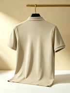 Quick-Dry V-Neck Men'S Golf Polo with Contrast Cuffs, Classic Logo Print, Luxury Contrast Collar, Anti-Pilling Breathable Fabric, Ideal for Sports, Business Casual, Commuting, Golf, And Business Settings - Khaki