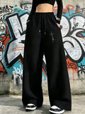 Women'S High-Waist Elastic Cinchable Retro Straight-Leg Pants, Loose Cut, Suitable for Street Casual, Daily Exercise, Fitness Training, And Athletic Wear - Black