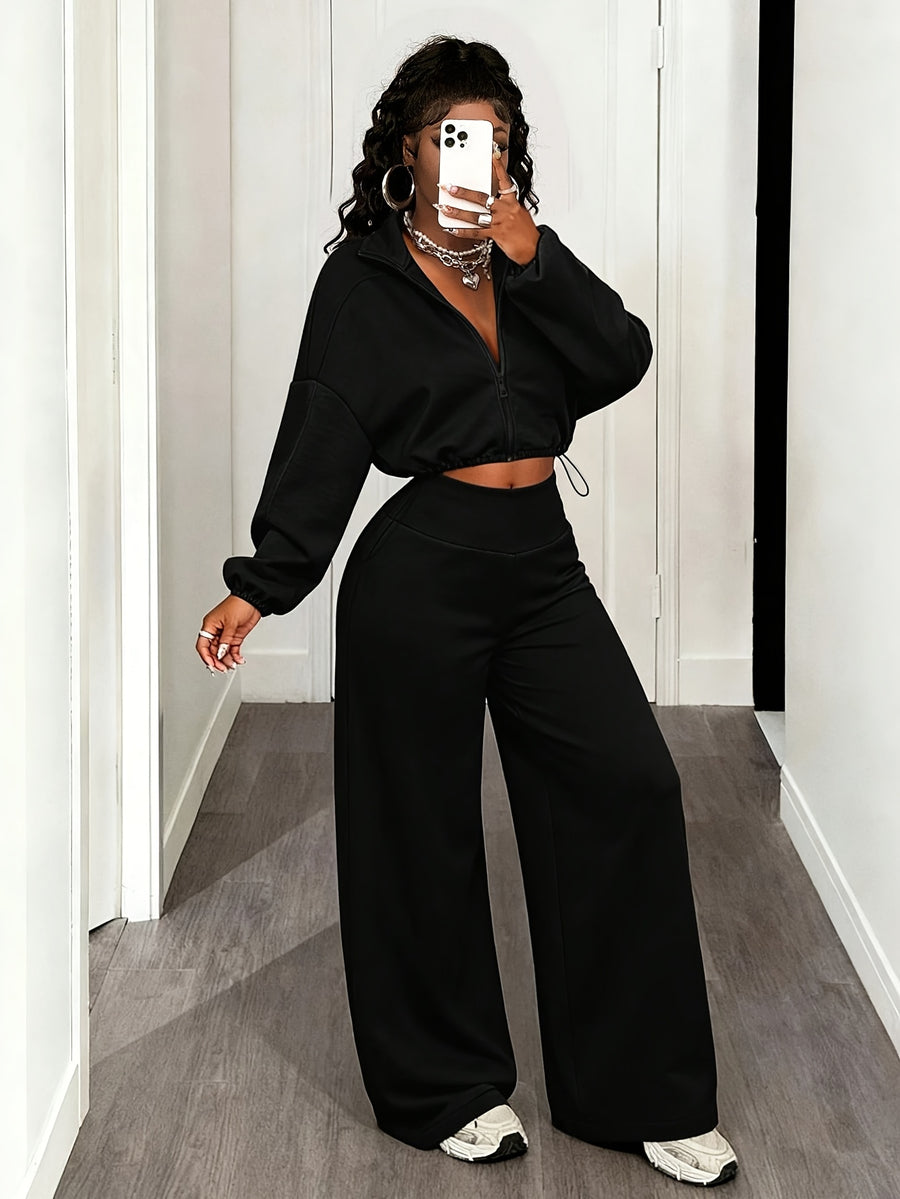 Women's Solid Color Long Sleeve Zip-Up Top and Wide Leg Pants Casual 2pcs Set, Daily Casual Sportswear Outfit - Black