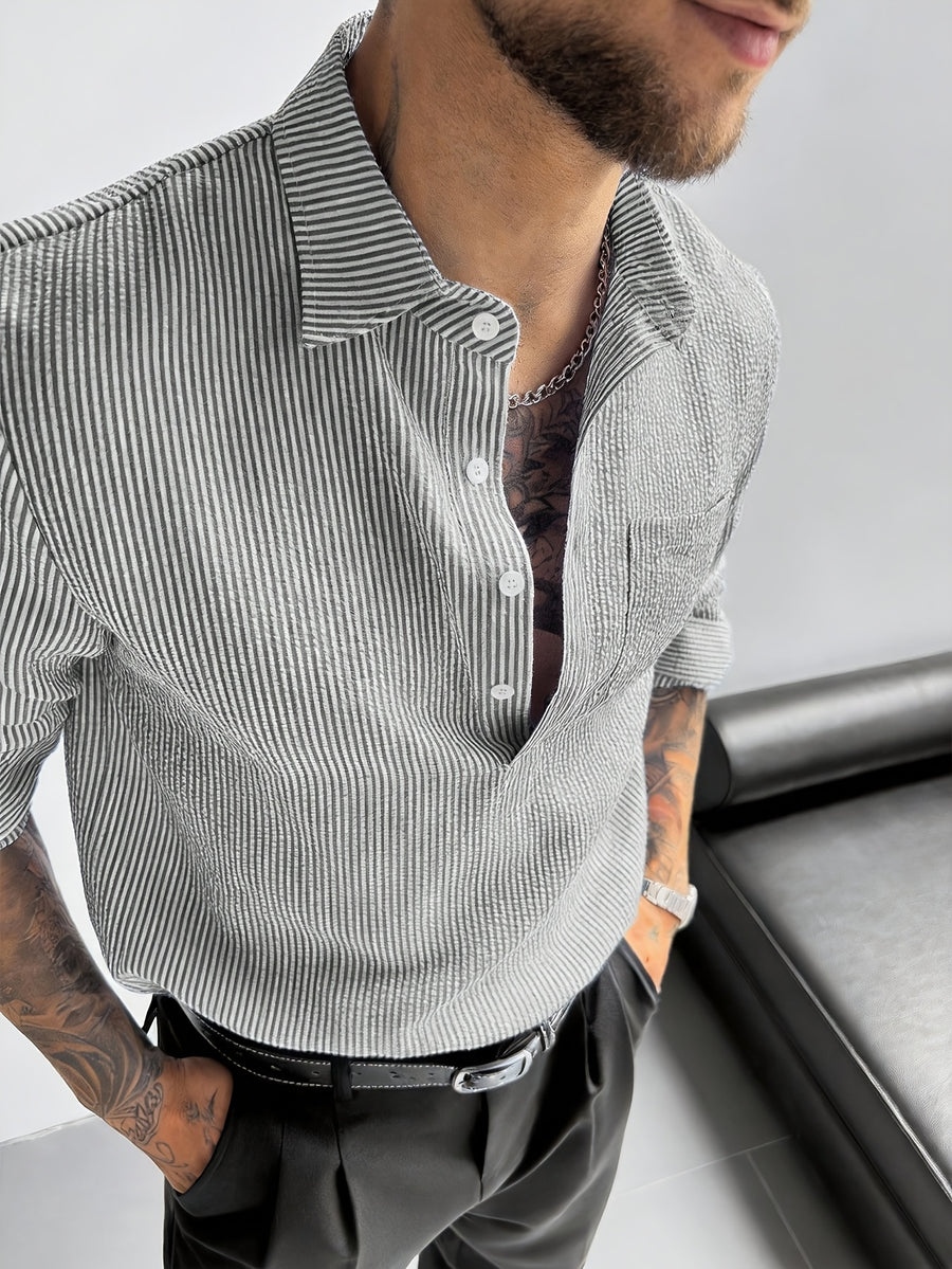 Men's Blue and White Striped Seersucker Shirt, Loose Fit Casual Long Sleeve Men's Shirt, Lightweight and Breathable, Outdoor Beach Vacation Men's Top, Suitable for Vacations, Parties, and Daily Office Wear. Men's Gift. Shirt - Black And White Color