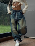 New classic and versatile retro drawstring calf ripped wash drawstring cinched blue wide-leg Women's jeans - Blue