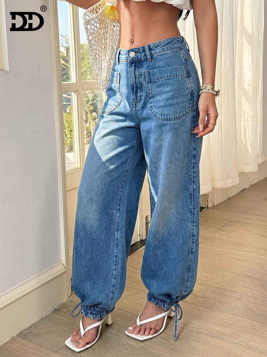 DD Women'S 2026 New Washed Blue Denim Fabric Relaxed Cropped Jeans, Elastic Back Waist, Loose Straight Leg with Drawstring Hem Ankle Rope Pants, Street Style, Mid-Rise Tummy Control Boyfriend Wide-Leg Trousers, Suitable for Travel, Party, And Office - Medium Blue