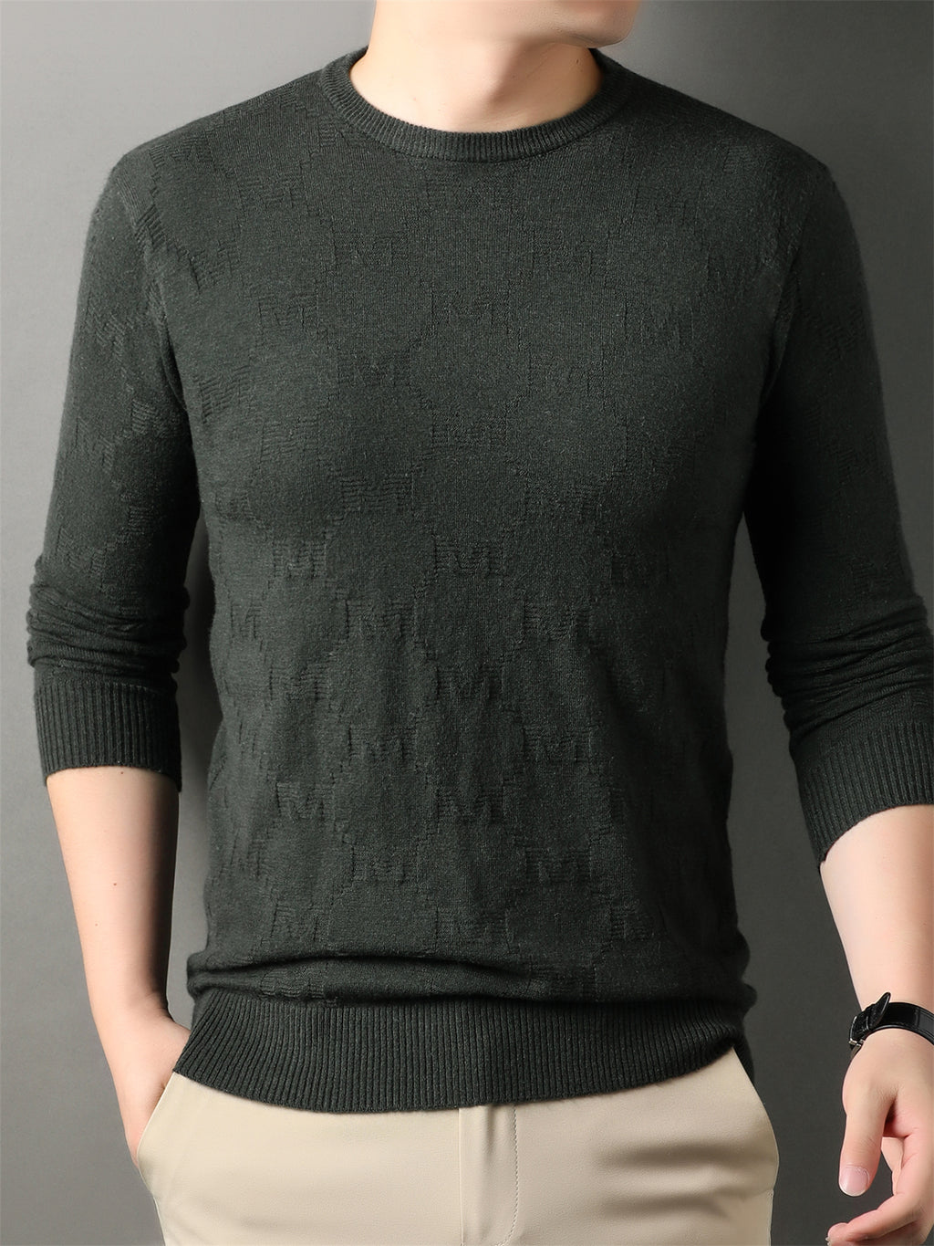 Autumn Winter Knit 3D Solid Round Neck Sweater, Basic Knit Pullover Top, Men'S Fashion Long Sleeve Sweater, Mon-J - Green