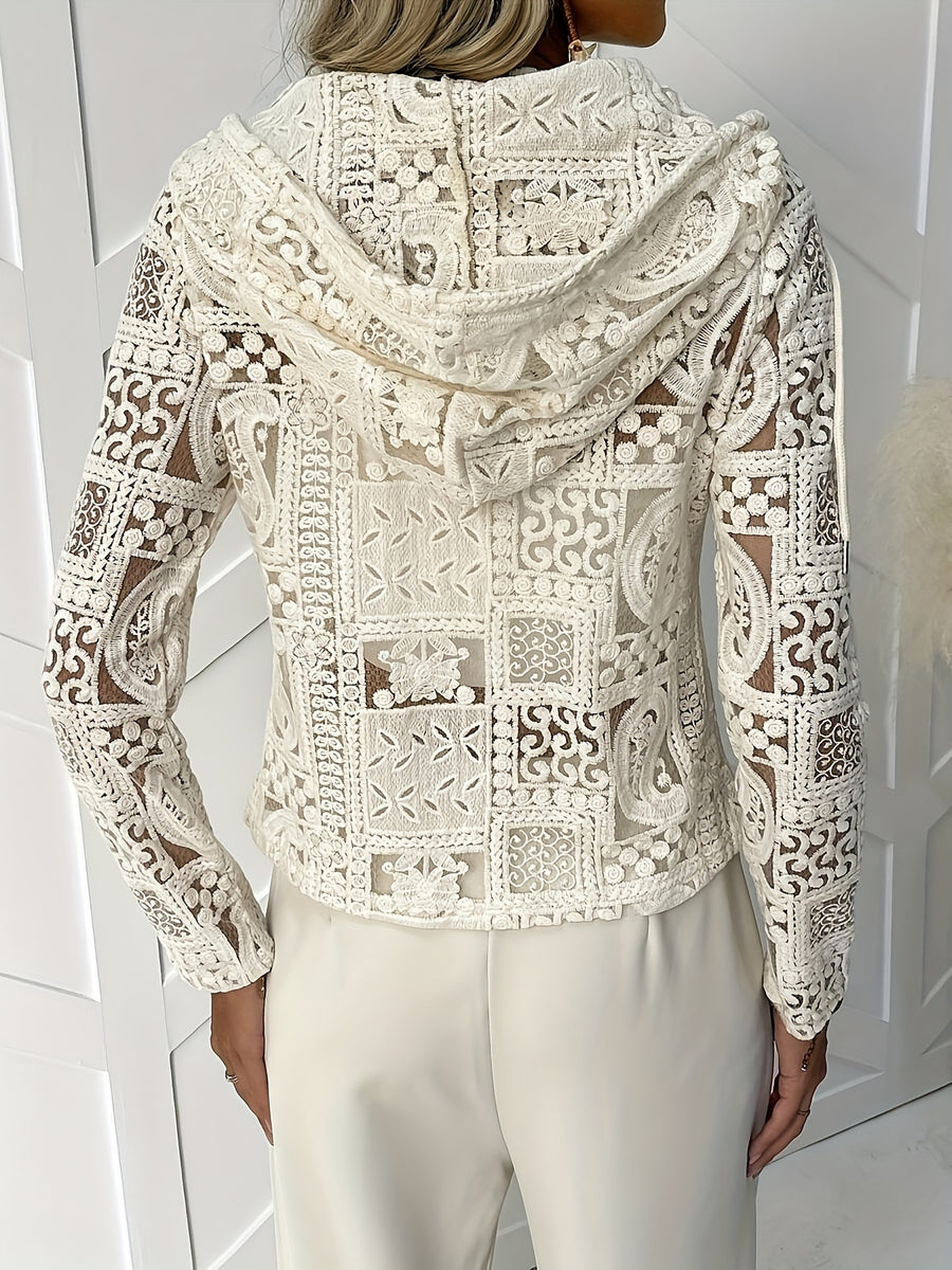 Women'S Elegant Casual Hooded Cardigan - Geometric Pattern, Long Sleeve, Zip-Up, Front Pockets, All-Season Wear, White with Black Accents, Perfect for Vacation Or Everyday Style, Vacation Cardigan | Geometric Pattern Cardigan | Cardigan, Sweater for - Beige