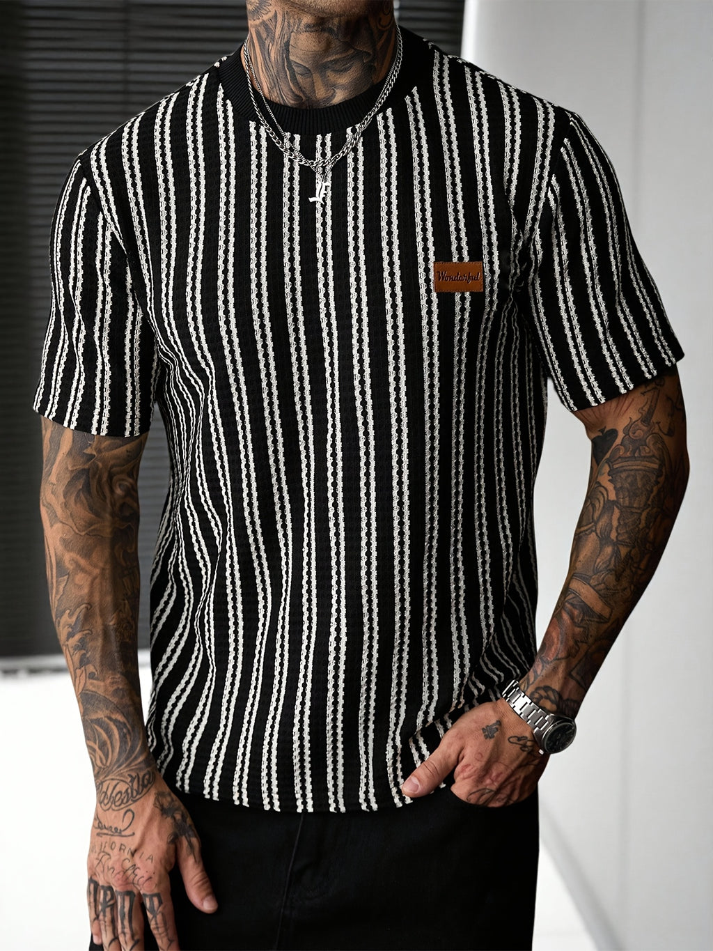 [Villa Leisure Water OBM] Spring Summer New Men'S T-Shirt Pullover Blouse Jacquard Fabric Design Sports Casual Outdoor Running Fitness Training Short Sleeve T-Shirt - Black