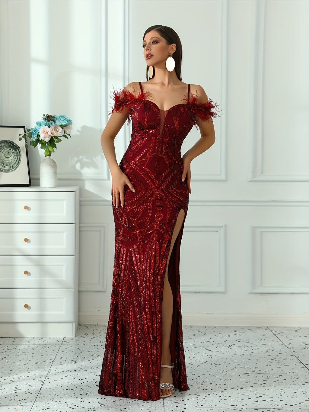 Elegant Evening Dress For Women | V-Neck, Geometric-Pattern, Extra-Long, Details, All-Season - Burgundy