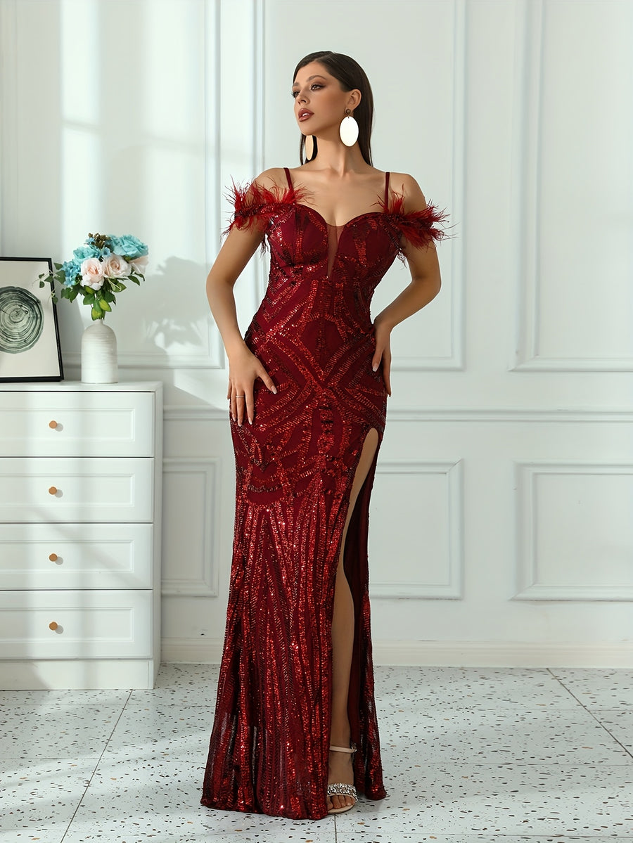 Elegant Evening Dress For Women | V-Neck, Geometric-Pattern, Extra-Long, Details, All-Season - Burgundy