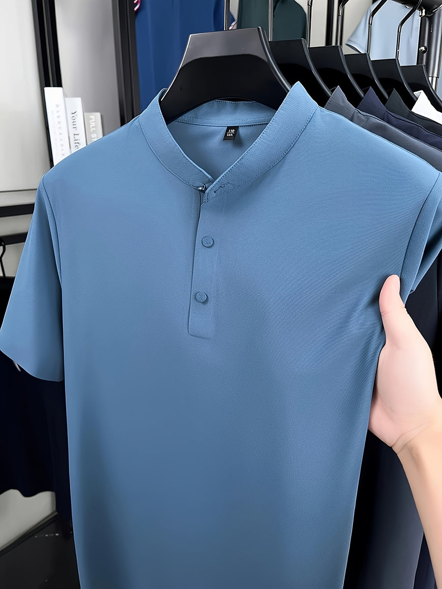 Men's Summer Mid-Life Seamless Stand Collar Short Sleeve T-Shirt, Solid Color Polyamide-Spandex Breathable Half-Sleeve Tee - Grey-blue