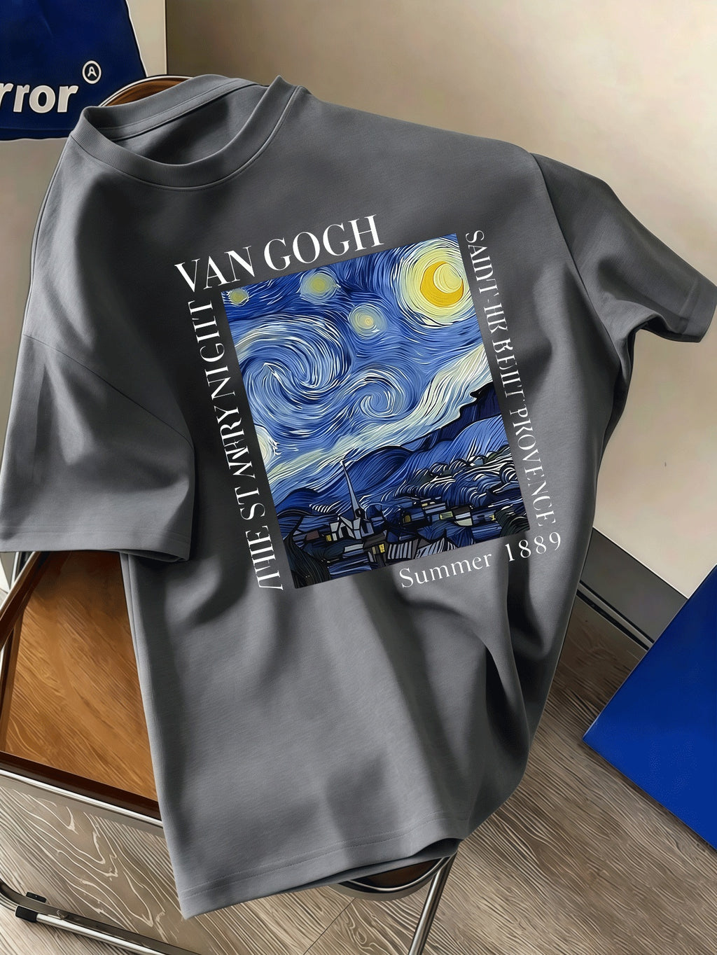 Men's Crew Neck Short Sleeve Starry Sky Pattern Top, Vintage Art Oil Painting Style, Simple and Fashionable Streetwear Trend, Breathable and Comfortable for Daily Casual Wear - Grey