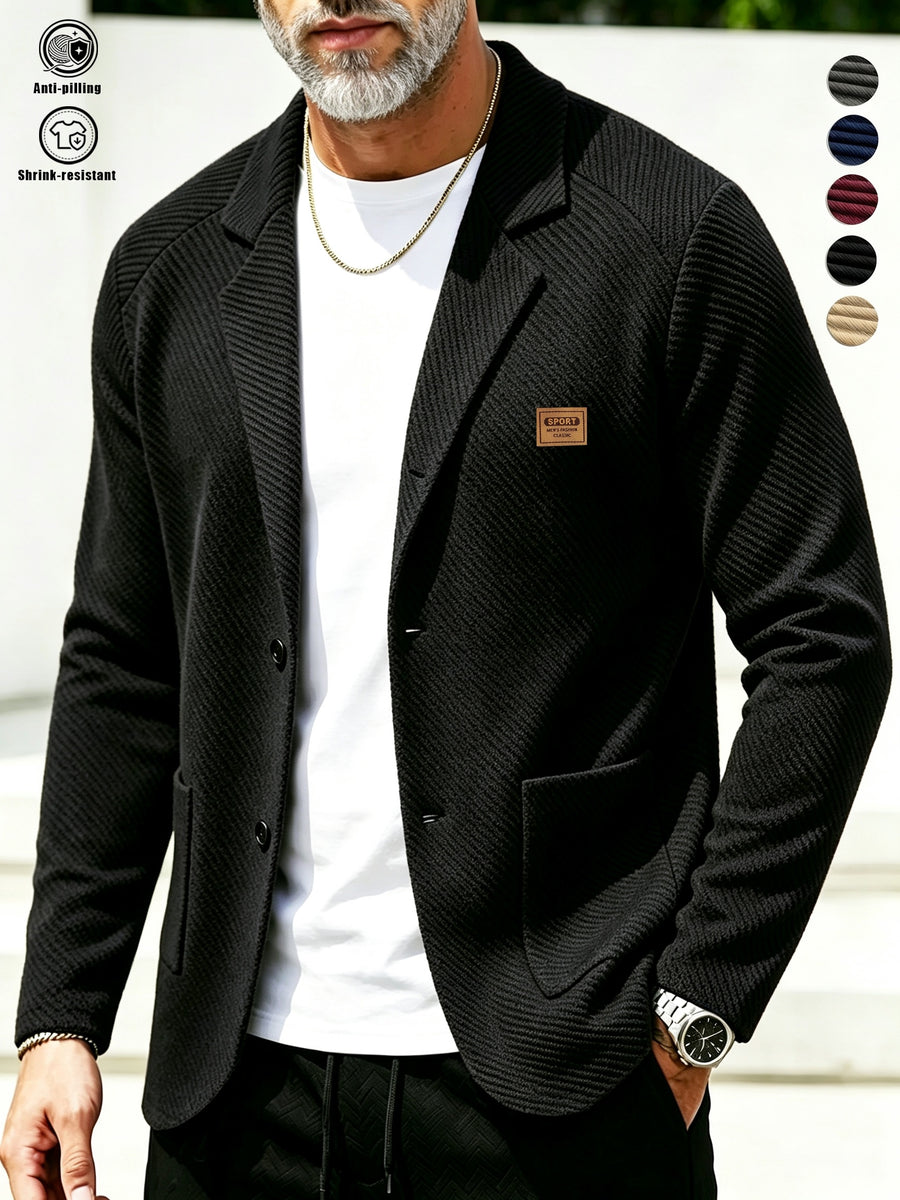 Men'S Spring Autumn New Pinstripe Textured Fabric Blazer Collar Cardigan Single Button Double Pocket Business Casual All-Match Long Sleeve Jacket, Knit Soft Comfortable Fashion Solid Color Outerwear Suitable for Daily Outings, Dates, Holidays - Black