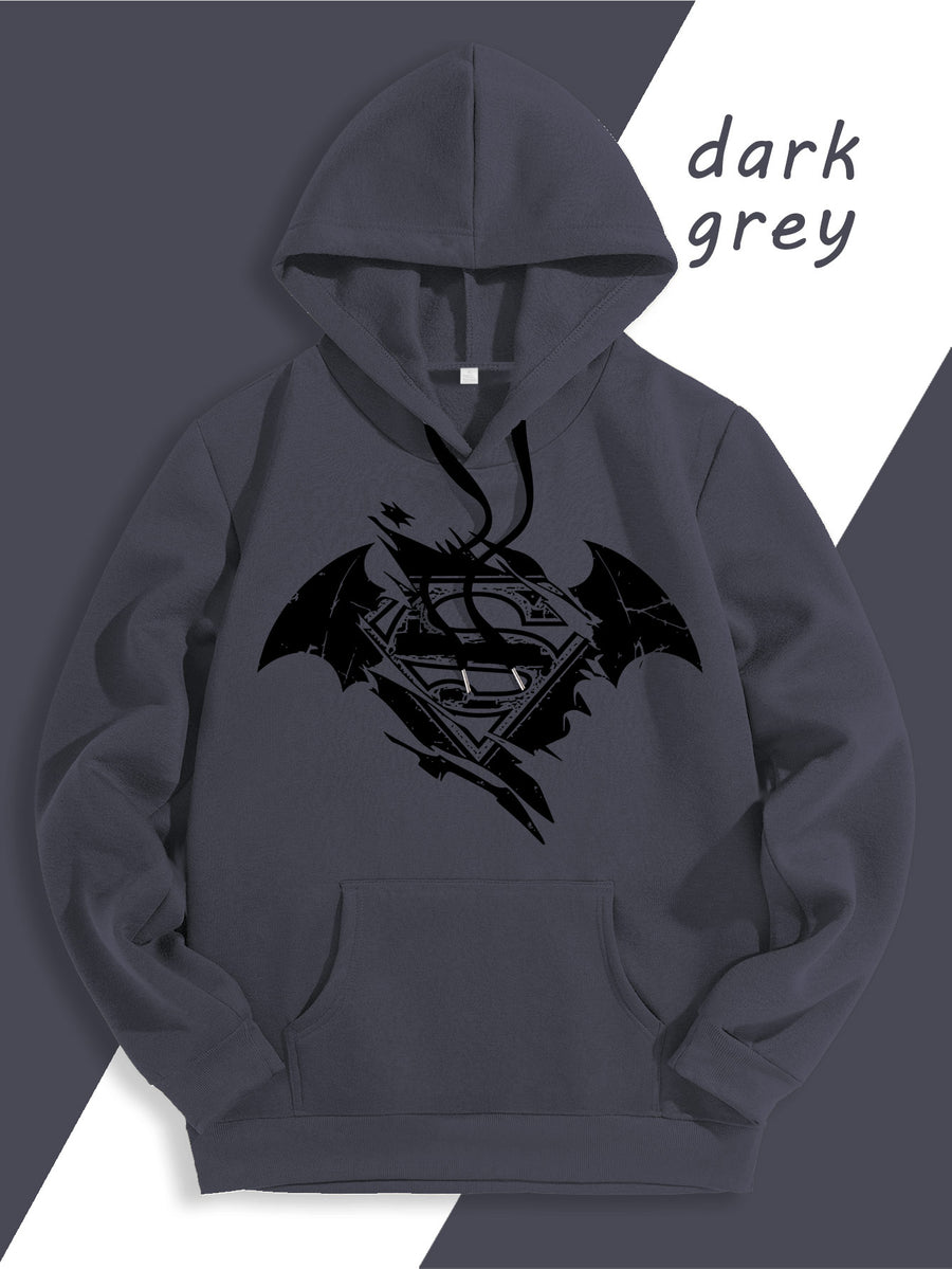 Warner Official Men's Hooded Sweatshirt, Black and White Distressed Batman Symbol Torn Wind Print Design, Machine Washable, Cozy and Comfortable Daily Drawstring Hooded Sweatshirt for Autumn and Winter, Versatile Sporty Casual Loose Fit - Dark Gray