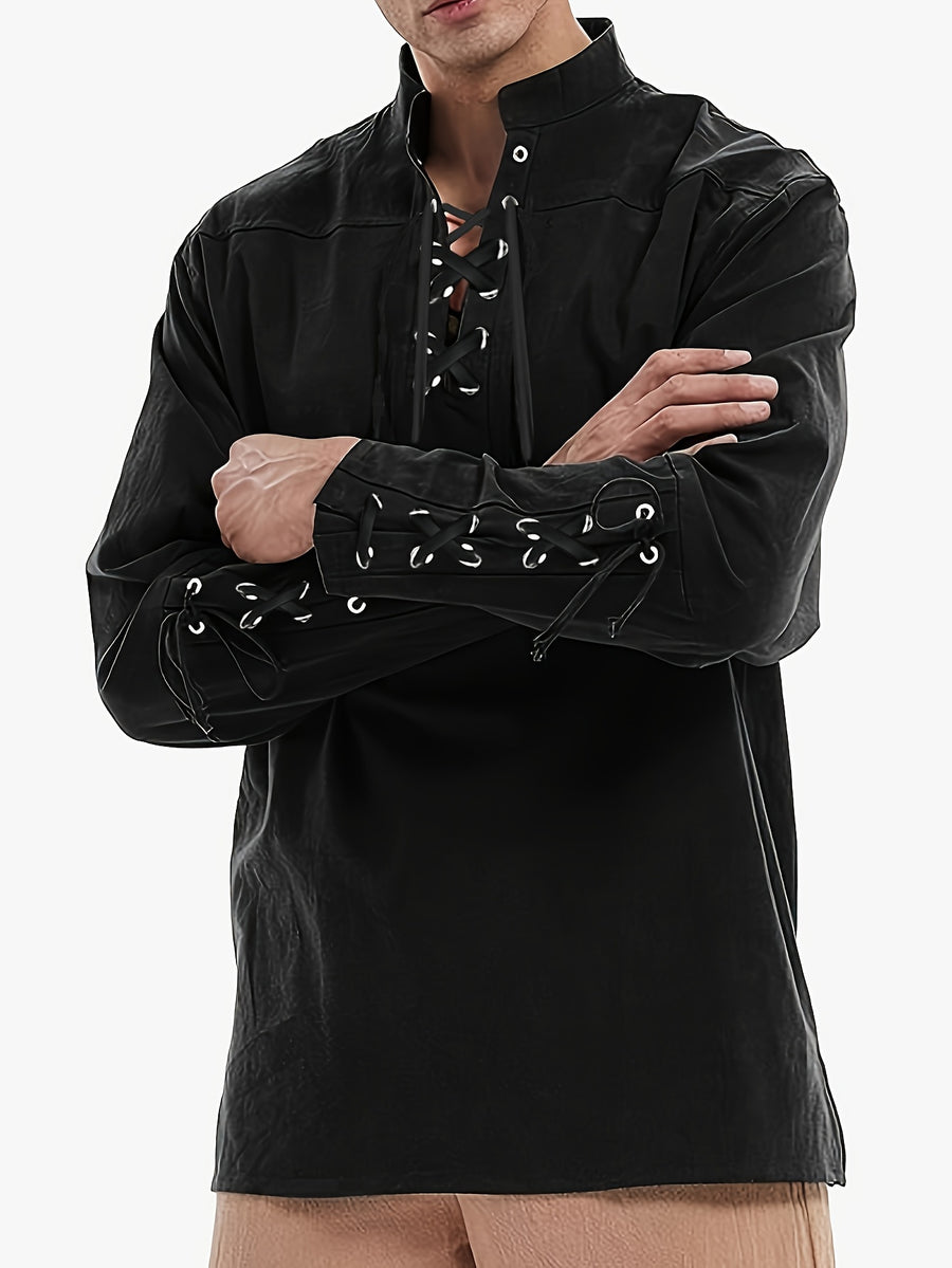 New Medieval Men'S Pirate Shirt Retro V-Neck Lavender Punk Gothic Blouse Viking Tie-Up Top - Black