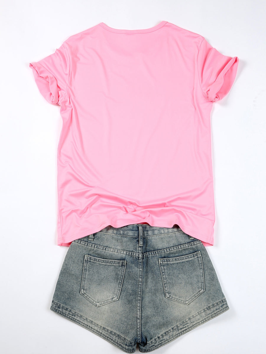 Summer New -Border European And American Women'S Short Sleeve T-Shirt, Hellokitty Cartoon Cute Pattern Print Design, Loose Round Neck Short Sleeve Casual Top, Comfortable And Fashionable Home Wear, Multi-Color Options, Easy Style, Trendy Design - pink color