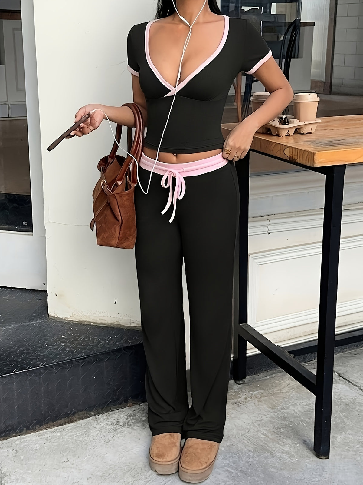 Women's 2pcs Contrast Trim Set, Deep V Crop Top + Drawstring Flare Pants, Suitable for Daily Casual Wear - Black