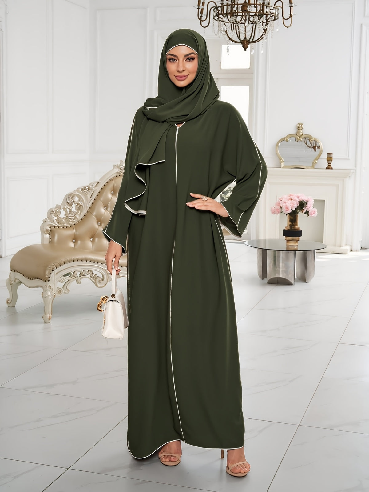 1 Set ( + Dress), Solid Color Nida Fabric, Elegant and Comfortable, Breathable and Comfortable for Outings | Simple Islamic Clothing | and Turkish Clothing, for Home, Outdoors, Leisure, Dresses for Women, Abaya for Women, Abaya Été, Abaya Femme - Olive Green